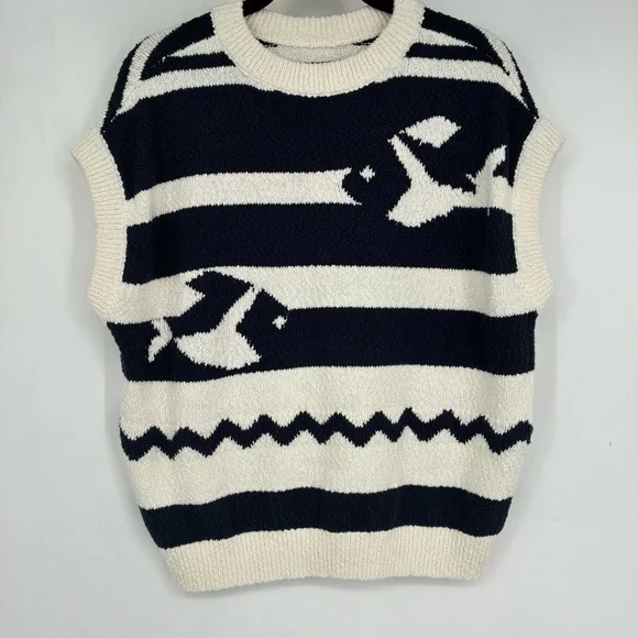 Anthropologie Maeve Crewneck Fish Motif Sweater Vest Cream Blue Large Sardine - Picture 10 of 13
